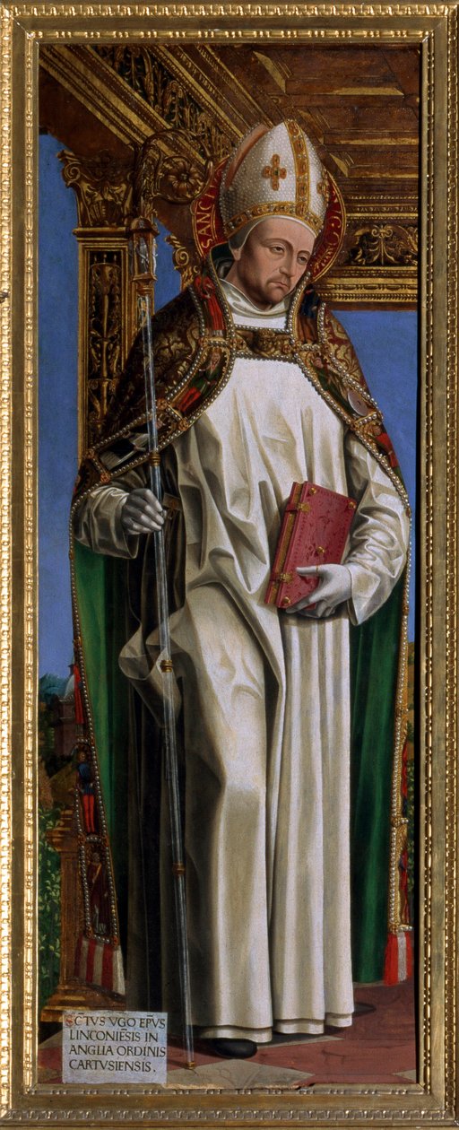 Saint Hugh of Avalon (tai Hugh of Lincoln) (1140-1200), ranskalainen eveque. Ambrogio da Fossano dit il Bergognonen maalaus (1481-1522) Cathedrale Saint Just, Susa, Torino tekijältä Ambrogio da Fossano (c.1460 1523)