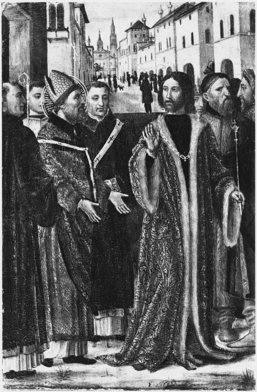 St. Ambrose kieltää Rooman keisarin Theodosius I Suuren pääsyn Milanon kirkkoon (fresko) (m/v kuva) tekijältä Ambrogio da Fossano (c.1460 1523)