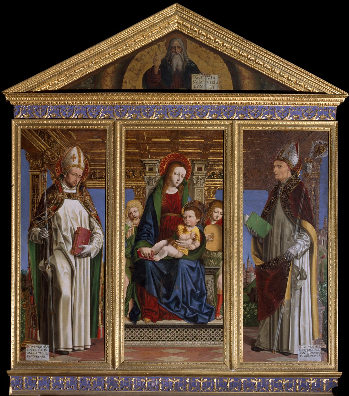 Neitsyt ja lapsi pyhien kanssa Saint Hugh of Avalon (tai Hugh of Lincoln) (1140-1200) ja Saint Hugh of Grenoble (tai Hugh of Chateauneuf) (1053-1132) Ambrogio da Fossano dit il Bergognonen (1481-1522) maalaus Cathedrale Saint Just, Susa, Torino tekijältä Ambrogio da Fossano (c.1460 1523)