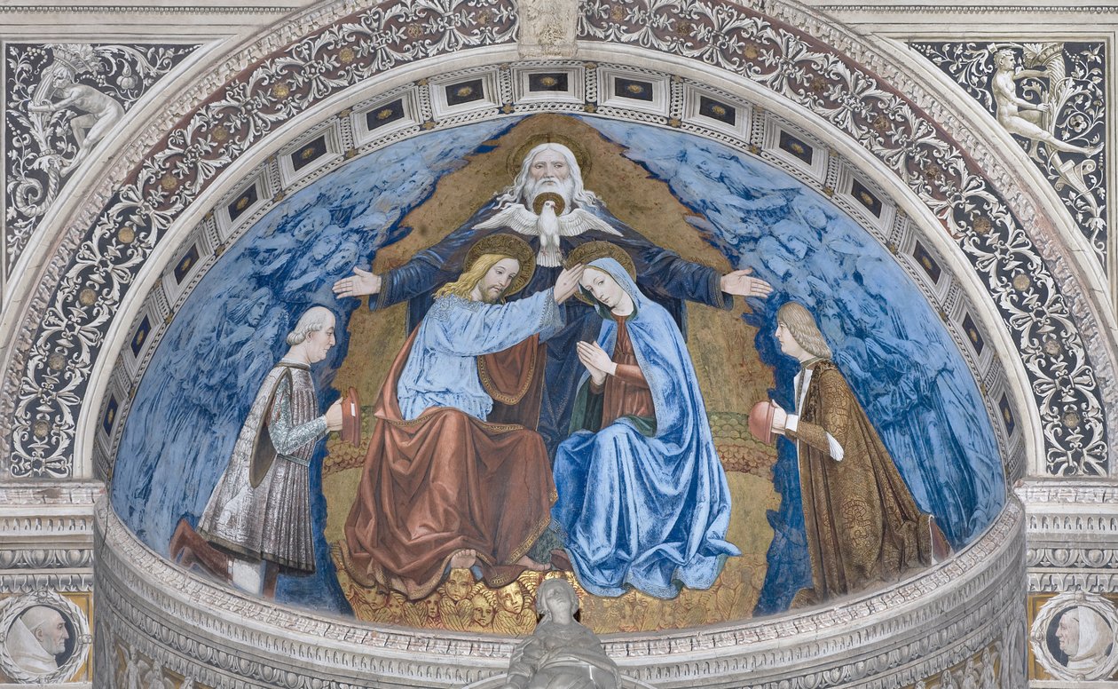 Neitsyt Marian kruunaaminen Jumalan ja Pyhän Hengen kanssa Francesco ja Ludovico Sforzan välillä, 1500-1522. tekijältä Ambrogio da Fossano