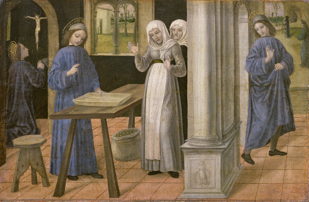 Rukous, Seulan ihme ja lähtö Subiacoon, predella-paneeli alttaritaulusta, joka kuvaa kohtauksia Pyhän Benedictuksen elämästä, 1488-1495 tekijältä Ambrogio da Fossano