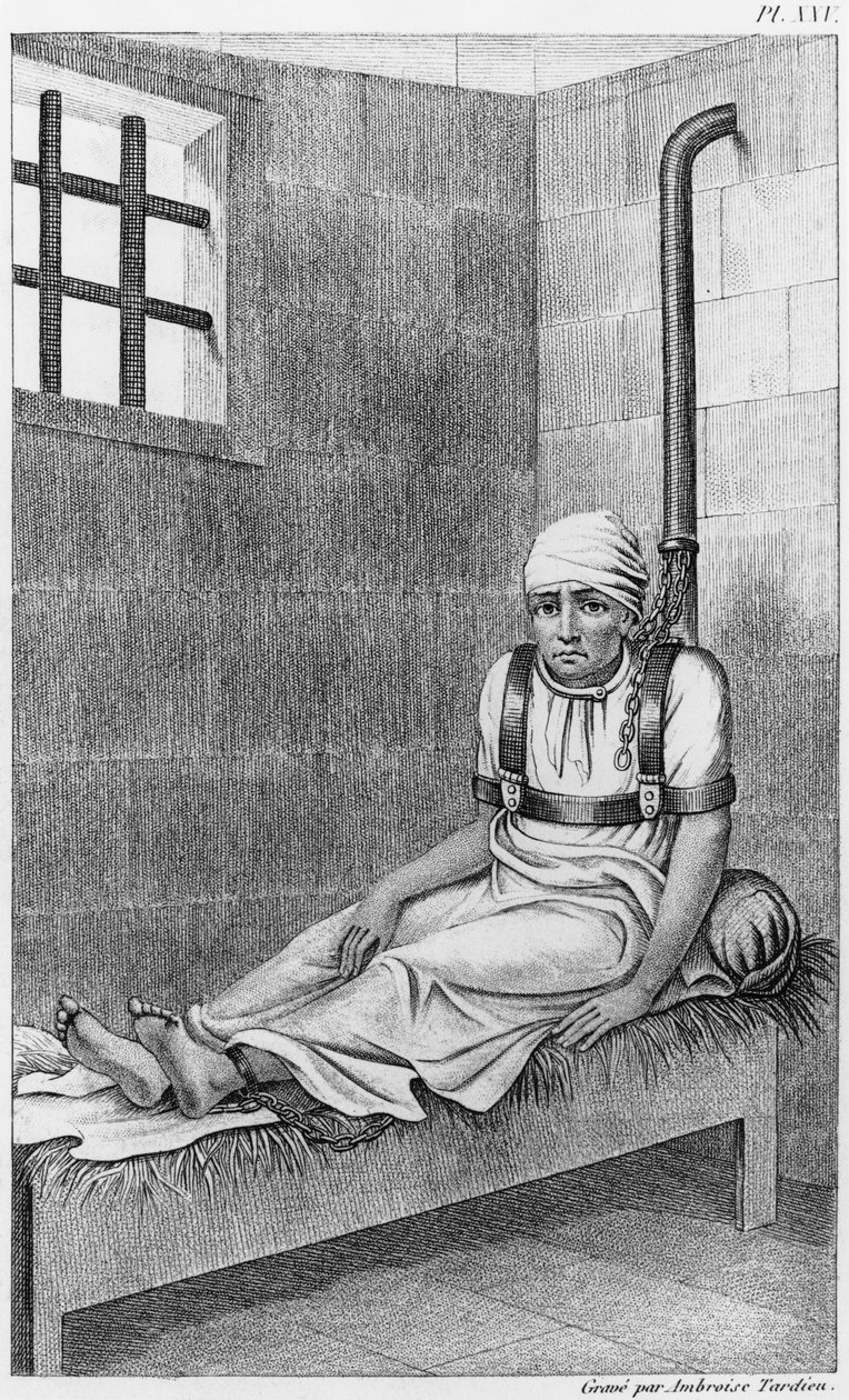 Hullun kahlittu Bedlamissa, kuva Des Maladies Mentalesista, joka on otettu huomioon lääketieteellisen, hygienian ja lääketieteellisen oikeudellisen raportin perusteella, Etienne Esquirol (1772-1840) levy XXV, 1838 (bw pho) tekijältä Ambroise Tardieu