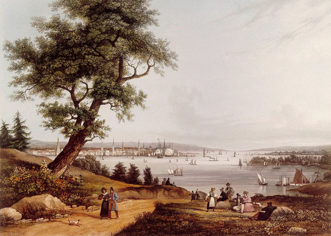 Näkymä New Yorkin kaupungista 1840. Louis Ambroise Garneray (1783-1857) litografia. Pariisi. B.N. tekijältä Ambroise Louis Garneray