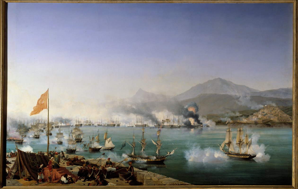 Kreikan itsenäisyyssota: "" Näkymä Navarinin meritaistelusta 20.10.1827"" Se tapahtui Navarinin lahdella (Pylos, Länsi-Peloponnesos) ottomaanien laivaston ja ranskalais-anglo-venäläisen laivaston välillä. Ambroise Louis Garneray (1783-1857) maalaus 1831 su tekijältä Ambroise Louis Garneray