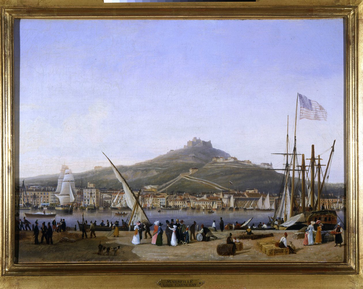 Marseillen satama, Louis Garneray, sd. noin 1820, öljy kankaalle, H. 0,330; L. 0,460. CCIP Coll. tekijältä Ambroise Louis Garneray