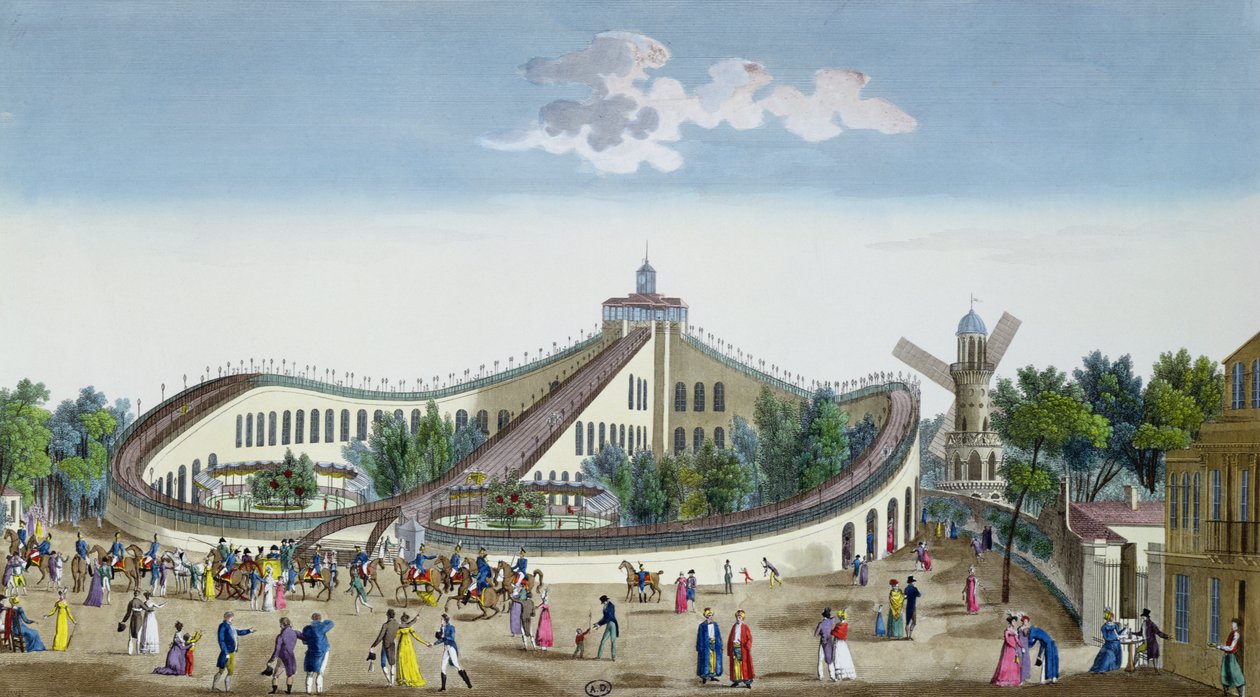 Promenades Aeriennes, Jardin Baujon, hänen Majesteettinsa läsnäolon kunnianosoitus, 2. elokuuta 1817, n. 1817 (värikaiverrus) tekijältä Ambroise Louis Garneray