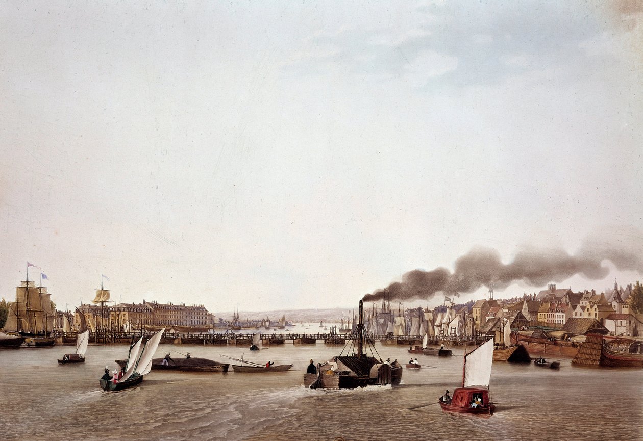 Näkymä jokiliikenteestä Seinen varrella Roueniin. Ambroise Louis Garneray (1783-1857) akvarelli 1800-luvun Pariisi, B.N. tekijältä Ambroise Louis Garneray