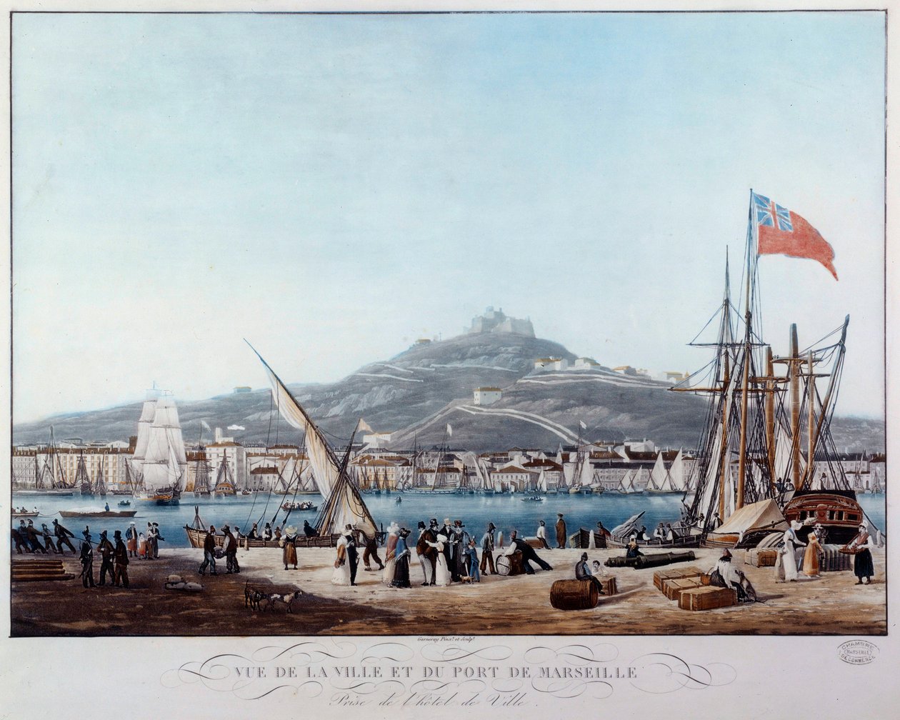 Näkymä Marseillen satamasta Ambroise Louis Garneray (1783-1857) restaurointiakvarellin alla. 1800-luvun Marseille, Musee de la Marine tekijältä Ambroise Louis Garneray