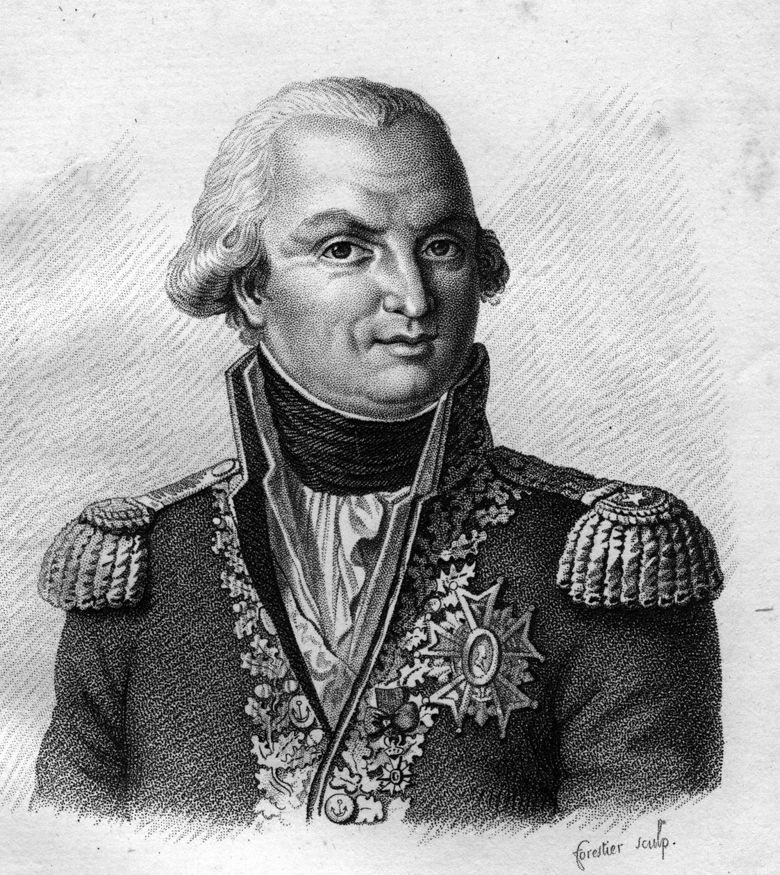 Amiraali Villaret de Joyeuse (Louis Thomas, Villaret de Joyeusen kreivi) Ranskan amiraali (1747-1812). teoksessa "Ranskalaisten kenraalien muotokuvia ranskalaisten voittojen ja valloitusten jälkeen". Kaiverrus Ambroise Tardieu 1818. Stella Collection. tekijältä Ambroise Tardieu