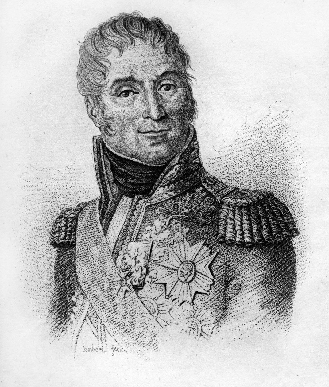 André Masséna (1758-1817), Ranskan marsalkka, Rivolin herttua. Teoksessa ”Ranskalaisten kenraalien muotokuvia ranskalaisten voittojen ja valloitusten jälkeen. Kaiverrus Ambroise Tardieu vuonna 1818. Stella-kokoelma. tekijältä Ambroise Tardieu