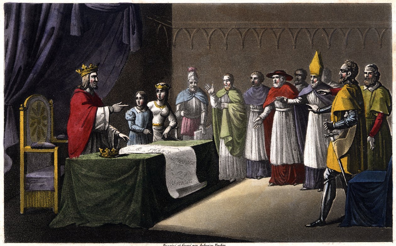 Assemblee of Worms: Ludvig I Debonnaire (778-840), Ranskan kuningas, jonka hänen kolme poikansa (Lothaire, Pepin ja Louis) tallettivat, koska hän halusi lunastaa valtakuntansa neljännen poikansa (Charles, hahmo sininen kuninkaan vieressä) vuonna 833. tekijältä Ambroise Tardieu