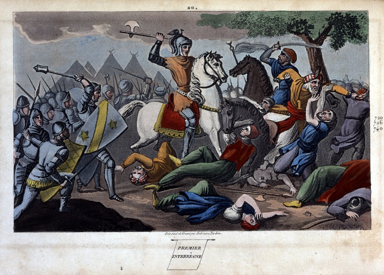 Poitiersin taistelu: Charles Martel voitti Toursin ja Poitiersin välillä Abd al-Rahman I tai Abderamane I (Abd al-Rahman) (731-788), Saraseenien kuningas vuonna 732 - Ambrose Tardieu suunnitteli ja kaivertanut vuonna 1825. tekijältä Ambroise Tardieu