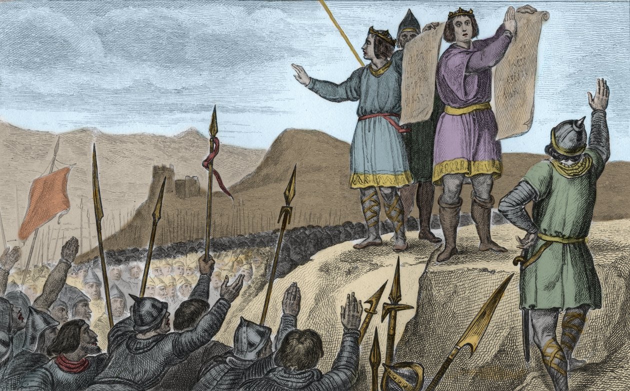 Kaarle II (823-77) Kalju ja hänen veljensä Ludvig Saksalainen solmivat sopimuksen Strasbourgissa vuonna 842 – Ranskan kuningas ja lännen keisari Charles II Kalju (823-877) ja Ludvig Germanique julistivat Strasbourgin valat. , 14. helmikuuta 842 - Kaiverrus tekijältä Ambroise Tardieu