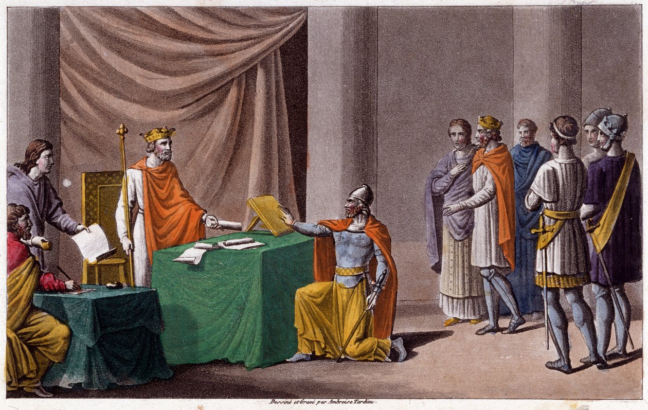 Kaarle II Kalju (823 - 877) allekirjoitti Verdunin sopimuksen (843) Ludvig II germaanisen (804 - 876) kanssa. Ambroise Tardieun suunnittelema ja kaiverrettu vuonna 1825. tekijältä Ambroise Tardieu