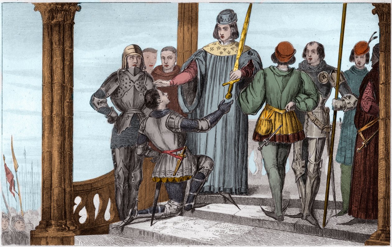 Kaarle V (1358-80) Viisas esittelee miekkansa Duguesdinille - Charles V Le sage (1338-1380) esittelee juhlallisesti connetable Bertrand du Guesclinin (1320-1380) miekan - Kaiverrus 1825 teoksessa "Histoire de Frances, jota edustaa synoptinen maalaus dediee tekijältä Ambroise Tardieu