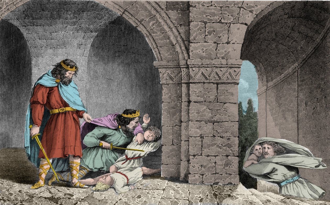 Childebert I (c498-558) veljiensä perillisten murhassa - Childebert I annoin Clotairen (Clothairen) teurastaa heidän veljensä Clodomirin, Orleansin kuninkaan, jonka osavaltiot he jakavat, lapset - Kaiverrus vuodelta 1825 kirjassa "Histoire de France, jota  tekijältä Ambroise Tardieu