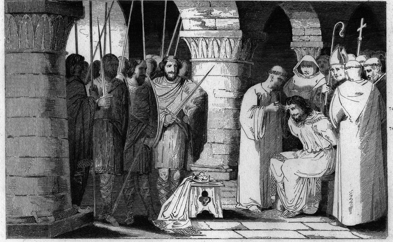 Childeric III (714-751) syrjäytetään valtaistuimelta ja rajoittuu luostariin - Childeric III tuhosi ja suljettiin Pepin le Britin luostarissa Saint Omerissa vuosina 742-749 - Kaiverrus vuodelta 1825 kirjassa "Histoire de France, jota edustavat synoptiset m tekijältä Ambroise Tardieu