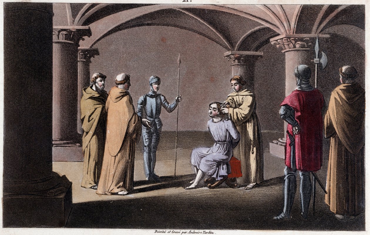 Childeric III tuhoaa ja sulkee sisäänsä Pepin le Briefin luostarissa Saint Omerissa vuosina 742–749. Ambroise Tardieun piirustukset ja hauta vuonna 1825. tekijältä Ambroise Tardieu