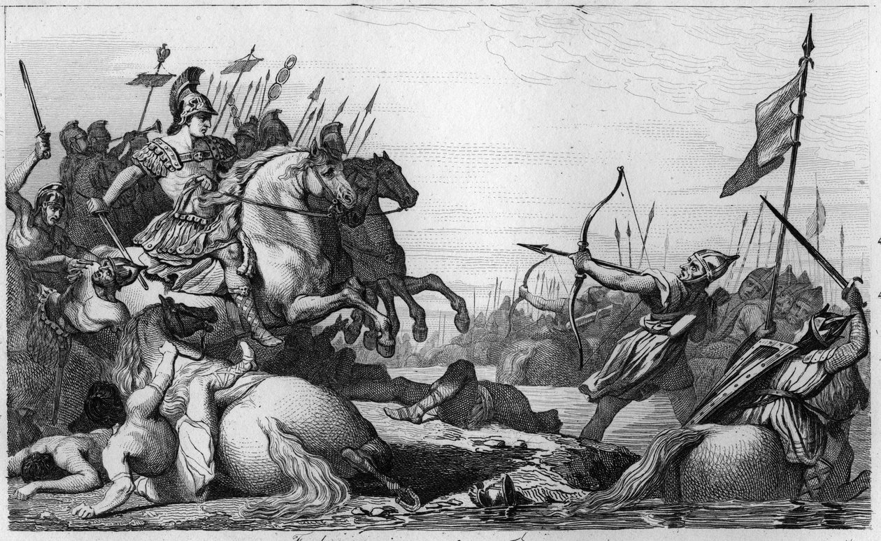 Clodion, The Hairy (c428-47) vetäytyy sillan toiselle puolelle Aetiuksen tappion jälkeen - Clodion dit "" Le Chevelu"" (n. 428-n. 448), Merovingien esi-isä, salilaisten frangien johtaja - Clodion on voitti Aetius, Valentinien III:n kenraali, joka tekijältä Ambroise Tardieu