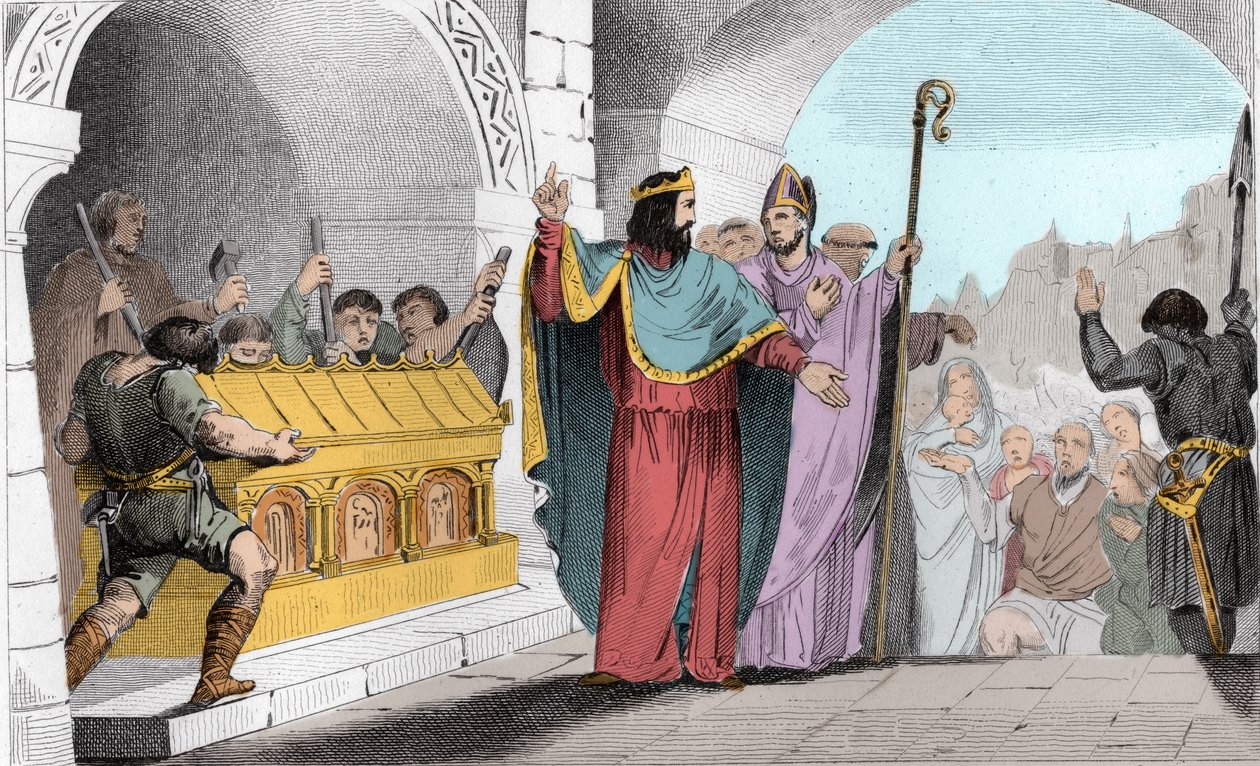 Clovis II (635-657) Hopean ja kullan myynti pyhäköstä köyhien ruokkimiseksi - Clovis II dit “” le Faineant”” köyhien ruokkimiseksi teki kulta- ja hopeaterät poistettiin Saint-Denisin kirkosta – Kaiverrus 1825 "Histoire de Francea edustaa syn tekijältä Ambroise Tardieu