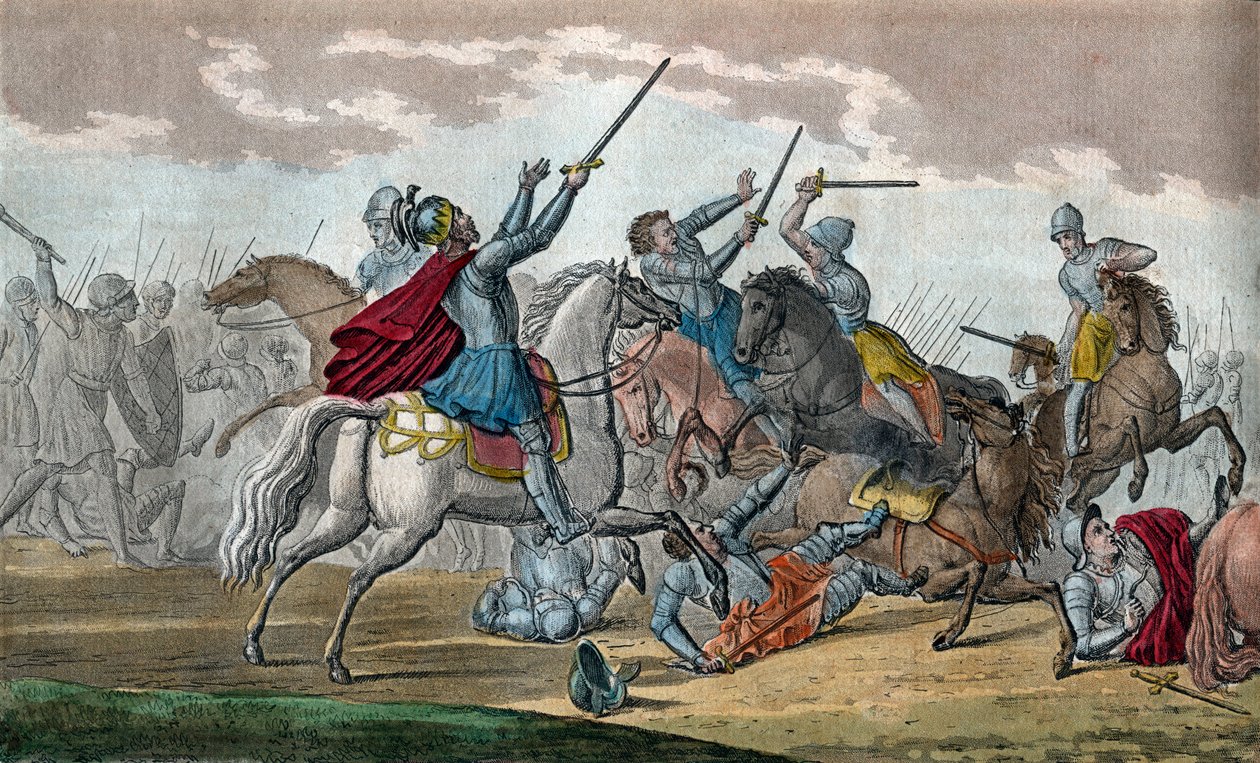 Clovis I (466-511), frankkien kuningas, Merovingien dynastia - Tolbiacin taistelun aikana alamaaneja vastaan hän vannoi kääntyvänsä katolilaisuuteen, jos Jumala antaa hänelle voiton - Piirrä ja hauta Ambroise Tardieu vuonna 1825 tekijältä Ambroise Tardieu