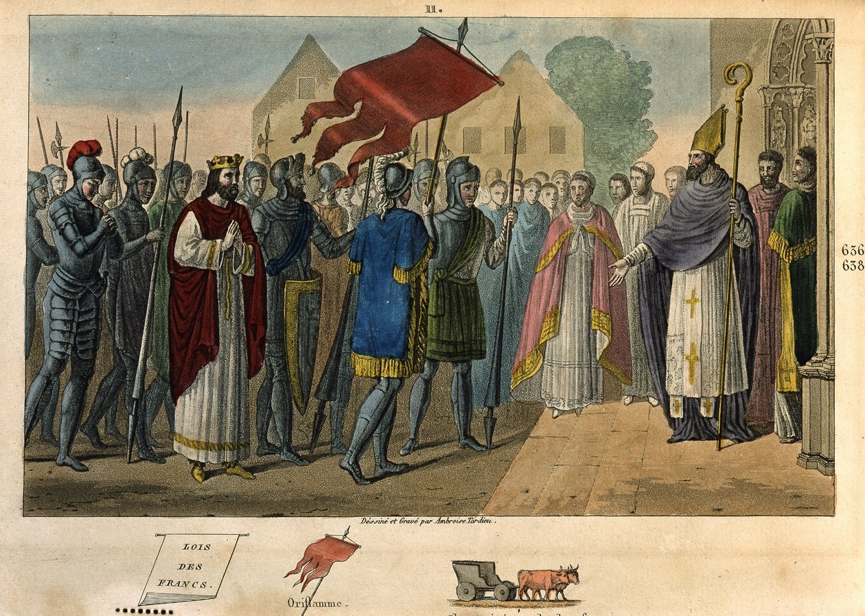 Dagobert 603 - 639 kaatamassa lippua St Denisissä - Dagobert I (? - 639), frankkien kuningas, Merovingien dynastia. Hän perusti Saint Denisin luostarin, jonne hän talletti oriflamen. Ambroise Tardieun piirustukset ja hauta vuodelta 1825. tekijältä Ambroise Tardieu