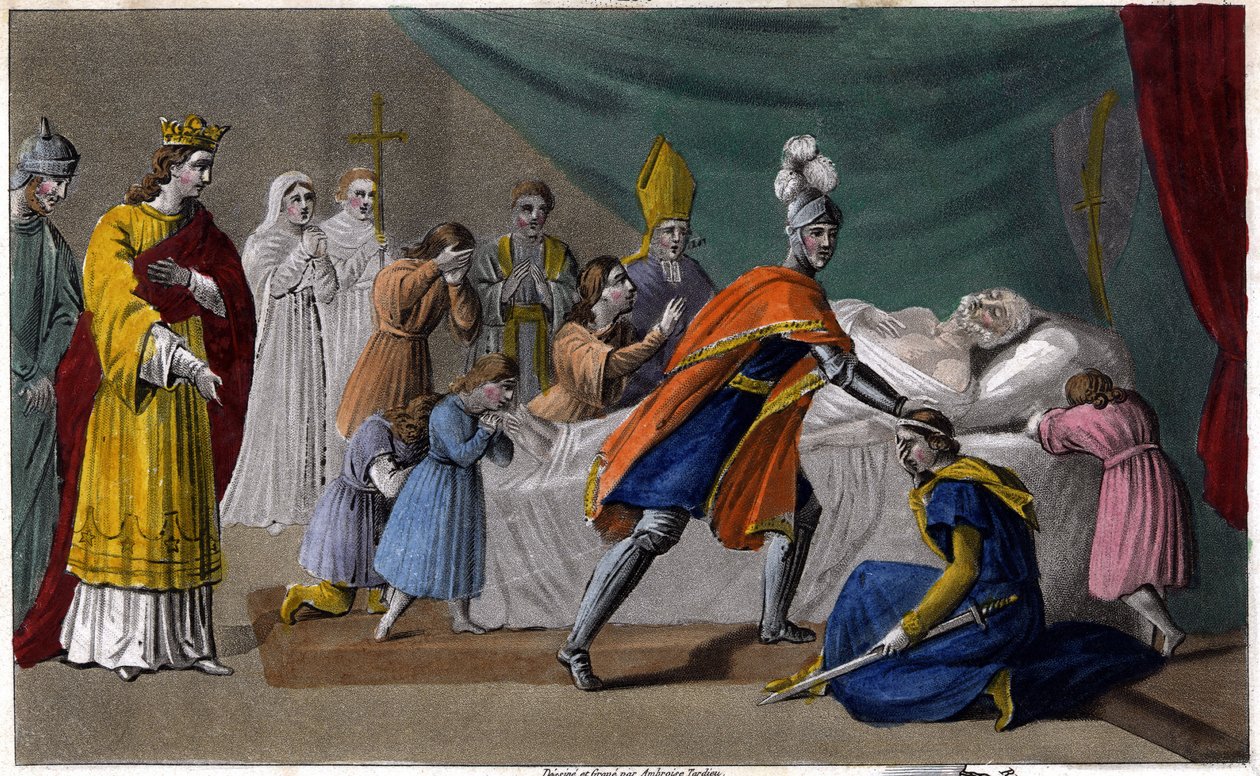 Pepin of Herstalin (635-714) kuolema perheensä ympäröimänä - Pepin de Herstalin (Pepin le Briefin isoisän) kuolema perheensä ympäröimänä ja Dagobert III:n (714) läsnä ollessa - Piirrä ja hauta Ambroise Tardieu vuonna 1825 tekijältä Ambroise Tardieu