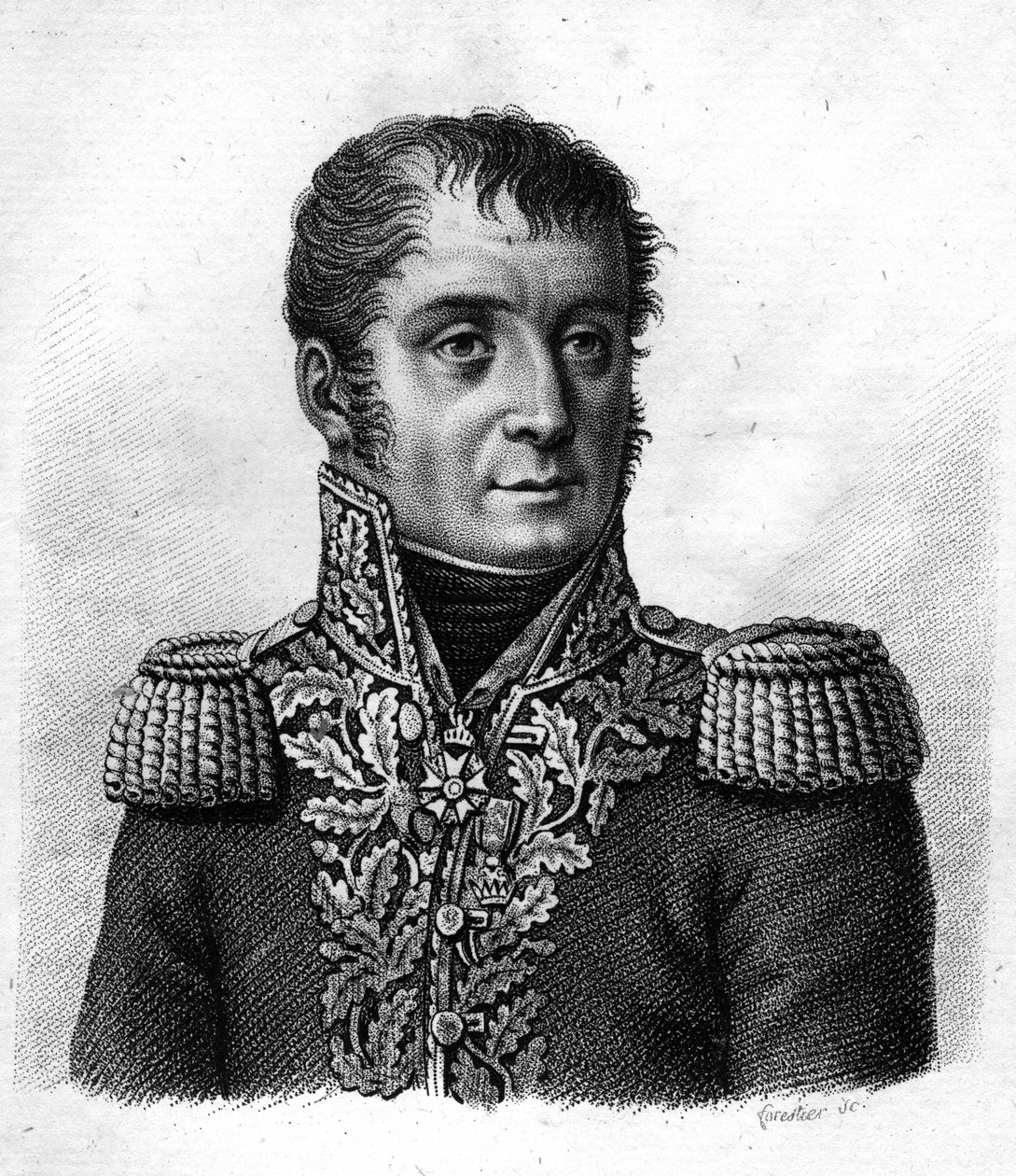 Kenraali Mouton - Duvernet (Régis Barthélemy, Baron Mouton-Duvernet) Ranskan kenraali (1769-1816). teoksessa "Ranskalaisten kenraalien muotokuvia ranskalaisten voittojen ja valloitusten jälkeen". Kaiverrus Ambroise Tardieu 1818. Stella Collection. tekijältä Ambroise Tardieu