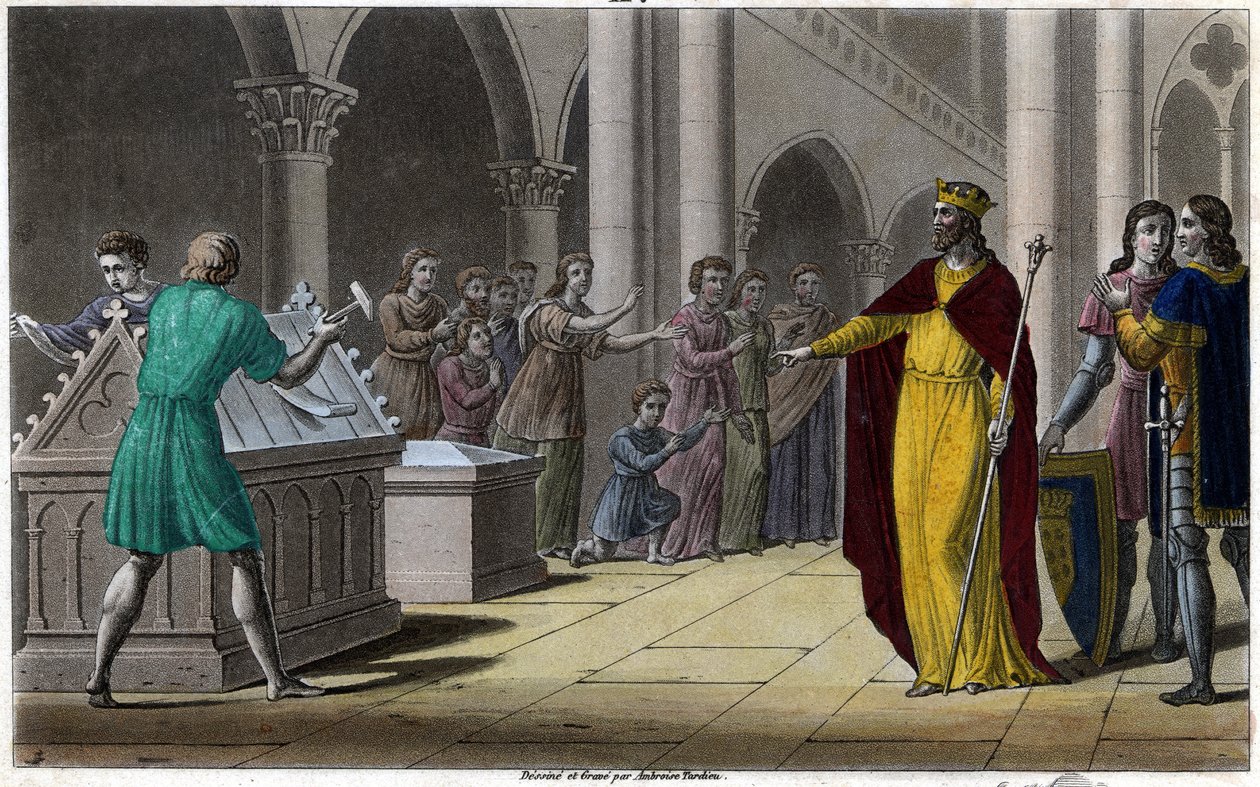 Grimoald, Pépin vanhemman poika, Austrasian palatsin pormestari (642) Sigebert III:n alaisuudessa. Ambroise Tardieun suunnittelema ja kaiverrettu vuonna 1825. tekijältä Ambroise Tardieu