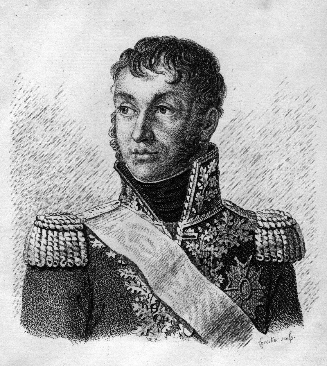 Jean Andoche Junot (Jean-Andoche) (1771-1813), Abrantesin herttua, ranskalainen kenraali.in” Muotokuvia ranskalaisista kenraaleista ranskalaisten voittojen ja valloitusten jälkeen”. Kaiverrus Ambroise Tardieu 1818. Stella Collection. tekijältä Ambroise Tardieu