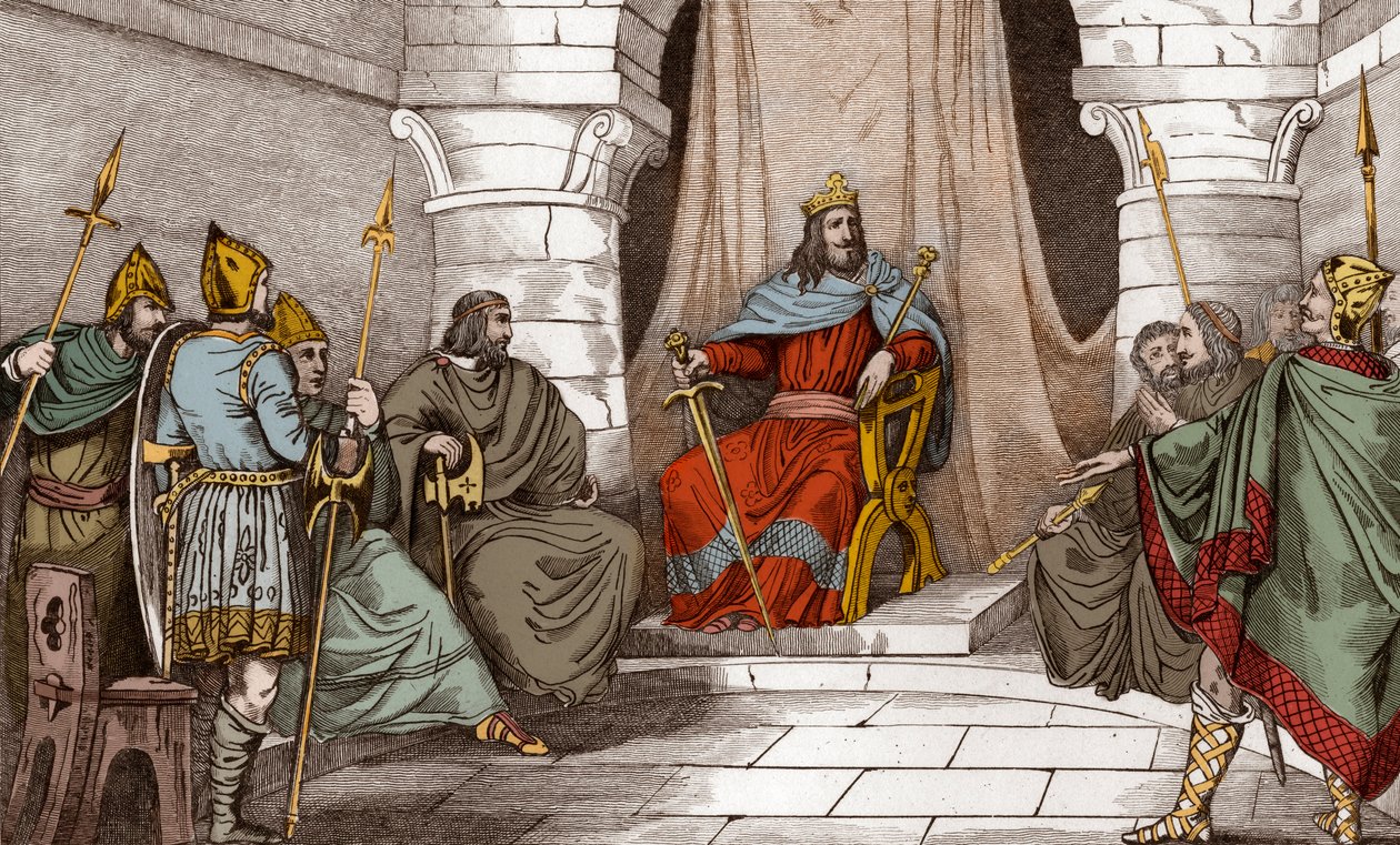 Kuningas Charibert (521-567) neuvostossa tuomarien kanssa - Caribert tai Cherebert, Pariisin kuningas (561-567), joka piti neuvostoja, tai hän teki oikeutta - Kaiverrus vuodelta 1825 "Histoire de Francessa, jota edustavat synoptiset maalaukset dediee Ransk tekijältä Ambroise Tardieu