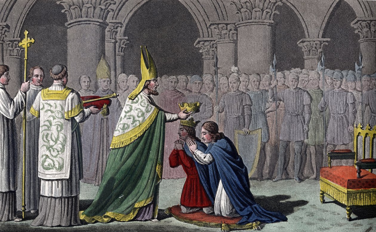 Ludvig III (863-82) ja Carloman (865-84) kruunattiin yhdessä - Ludvig III (863 - 882) ja Carloman (? - 884) ovat pyhiä ja kruunataan samana päivänä (879) Ferrièresin luostarissa Gâtinaisissa - Ambroise Tardieun suunnitteli ja kaiverrus vuonna 1825. tekijältä Ambroise Tardieu