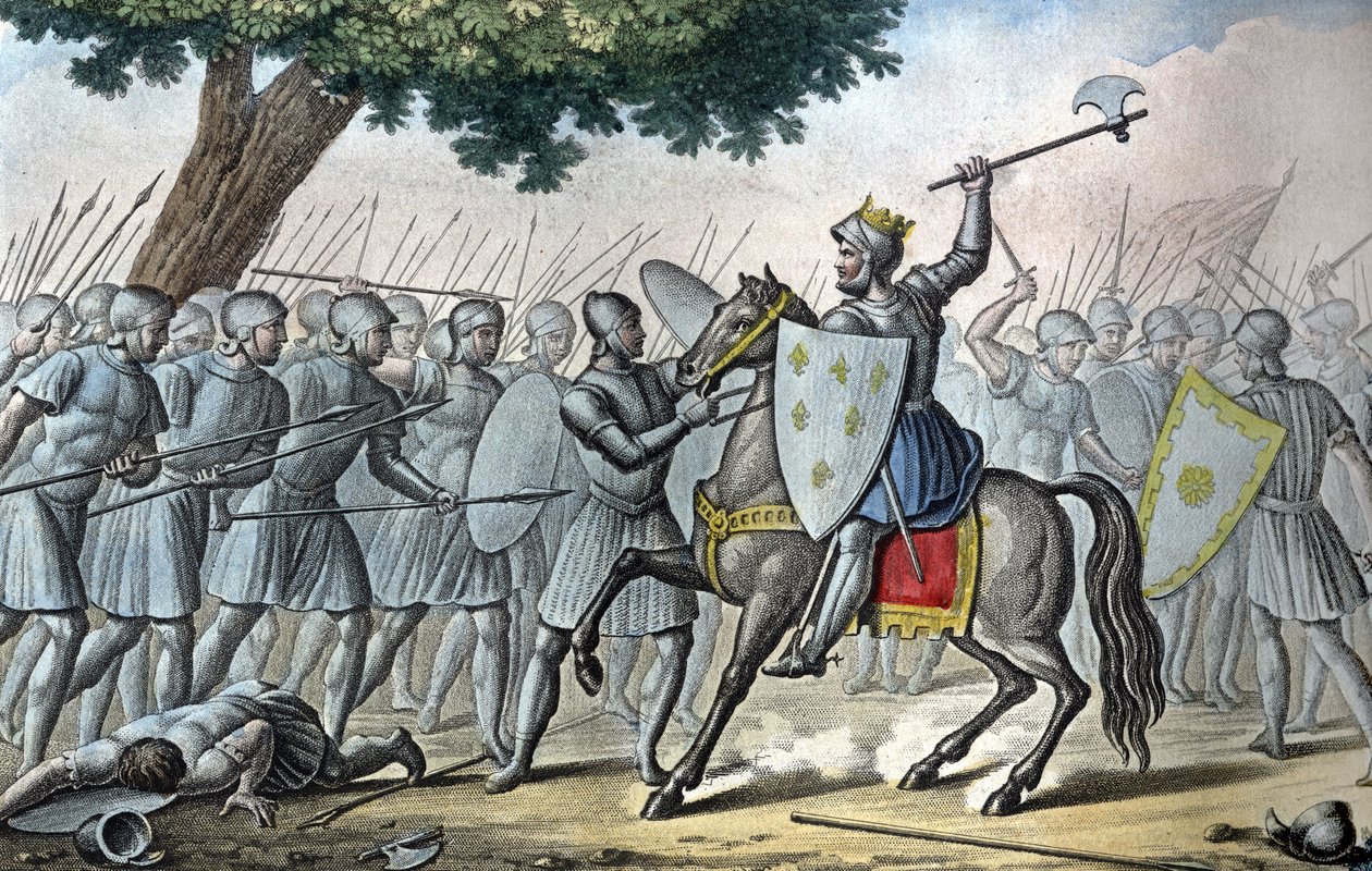 Ludvig VI, joka tunnetaan nimellä "Gros" (1081 - 1137), yrittää Brennevillen taistelussa poistaa Normandian kuningas Henrik I:ltä vuonna 1119. - Suunnitteli ja kaivertaa Ambroise Tardieu vuonna 1825. tekijältä Ambroise Tardieu