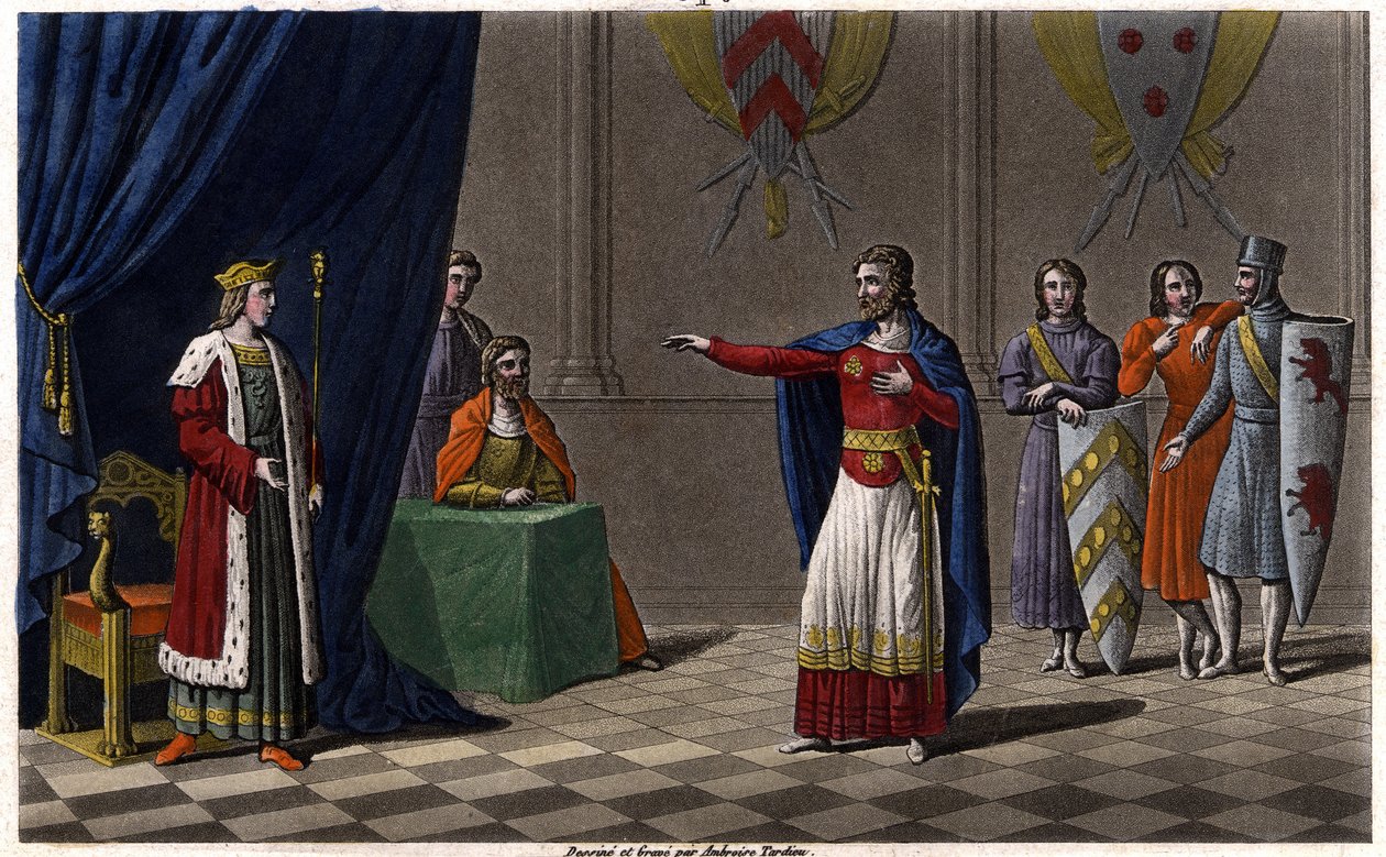 Louis V le Faineant (n. 967-987), julisti Ranskan kuninkaaksi Hugues Capetin, tulevan Ranskan kuninkaan, suojeluksessa vuonna 986 Draw ja hauta Ambroise Tardieun vuonna 1825. tekijältä Ambroise Tardieu