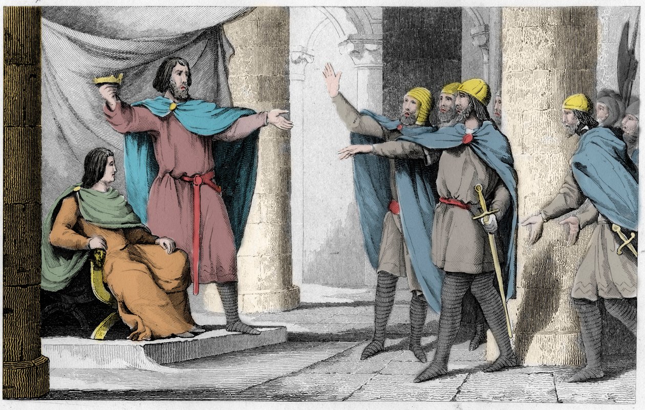 Louis V Indolent näyttää kruunuaan seuraajilleen vuonna 986 - Louis V le Faineant (n. 967-987), julistettiin Ranskan kuninkaaksi Hugues Capetin suojeluksessa, josta tuli Ranskan kuningas vuonna 986 - Kaiverrus vuodelta 1825 " Histoire de France edustaa syn tekijältä Ambroise Tardieu
