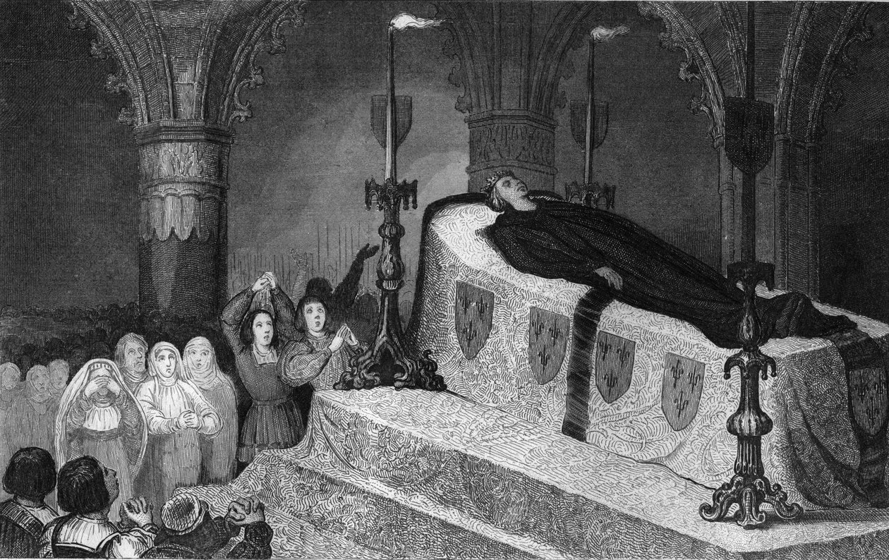 Ludvig XII (1462-1515) kansan isä hautajaisissaan - Louis XII (1462-1515) Pere du Peuple sur son lit de mort - Kaiverrus vuodelta 1825 kirjassa "Histoire de France, jota edustavat synoptiset maalaukset dediee Ranskan lapsille ja työntekijä heidän e tekijältä Ambroise Tardieu