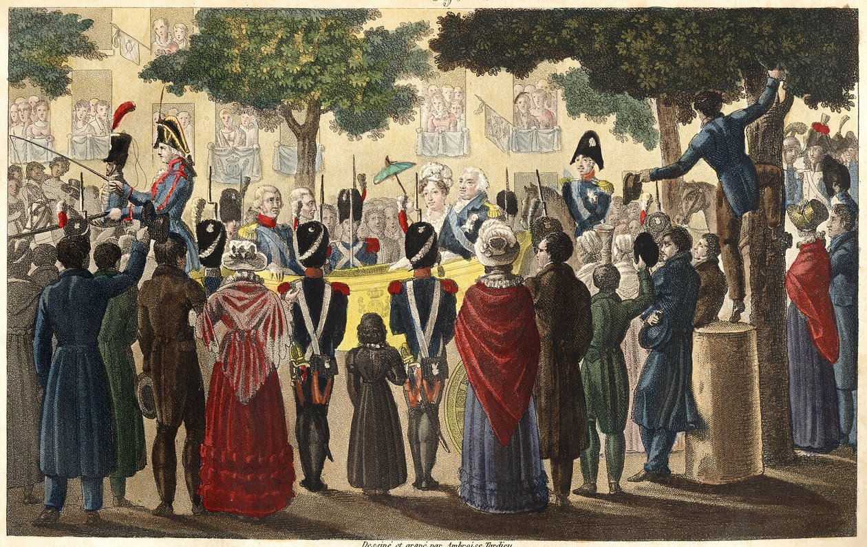 Condén armeija julisti Ludvig XVIII:n (1755-1824) kuninkaaksi muutaman Pariisille uskollisen alamaisen joukossa vuonna 1814 (Restaurointi) – Ambroise Tardieu suunnitteli ja kaivertanut vuonna 1825. tekijältä Ambroise Tardieu