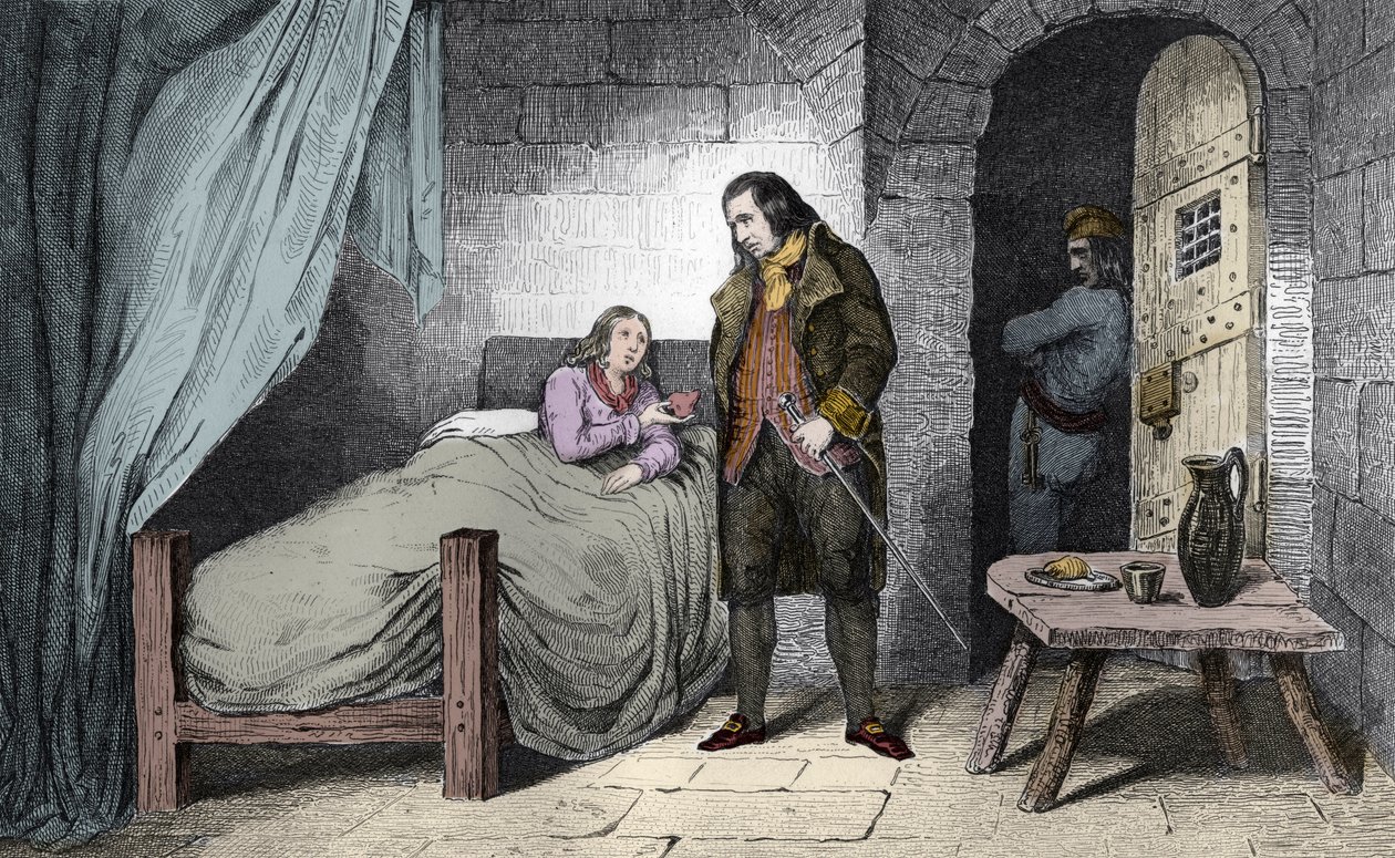 Louis XVII (1785-95) sairas ja vangittu - Ranskan Dauphin Ludvig XVII (1785-1795) sairaana temppelin vankilassa - Kaiverrus vuodelta 1825 kirjassa "Histoire de France, jota edustavat synoptiset maalaukset dediee Ranskan lapsille ja työntekijälle heidän ed tekijältä Ambroise Tardieu