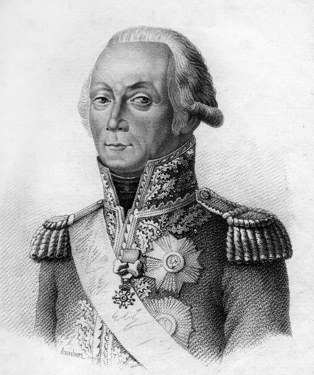 Marsalkka Kellermann.François Etienne Christophe Kellermann, Valmyn herttua Ranskan marsalkka (1735-1820) teoksessa "Ranskalaisten kenraalien muotokuvia ranskalaisten voittojen ja taistelujen jälkeen". Kaiverrus Ambroise Tardieu 1818. Stella Collection. tekijältä Ambroise Tardieu
