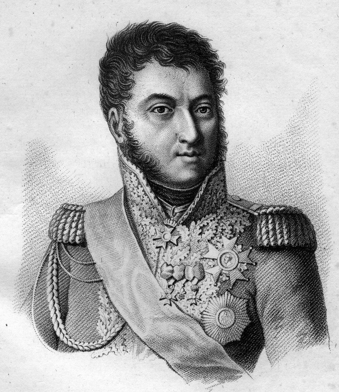 Marsalkka Suchet. Louis Gabriel (Louis-Gabriel) Suchet (1770-1826), Ranskan Albufera Maréchalin herttua. teoksessa ”Muotokuvia ranskalaisista kenraaleista ranskalaisten voittojen ja valloitusten jälkeen”. Kaiverrus Ambroise Tardieu 1818. Stella Collection. tekijältä Ambroise Tardieu
