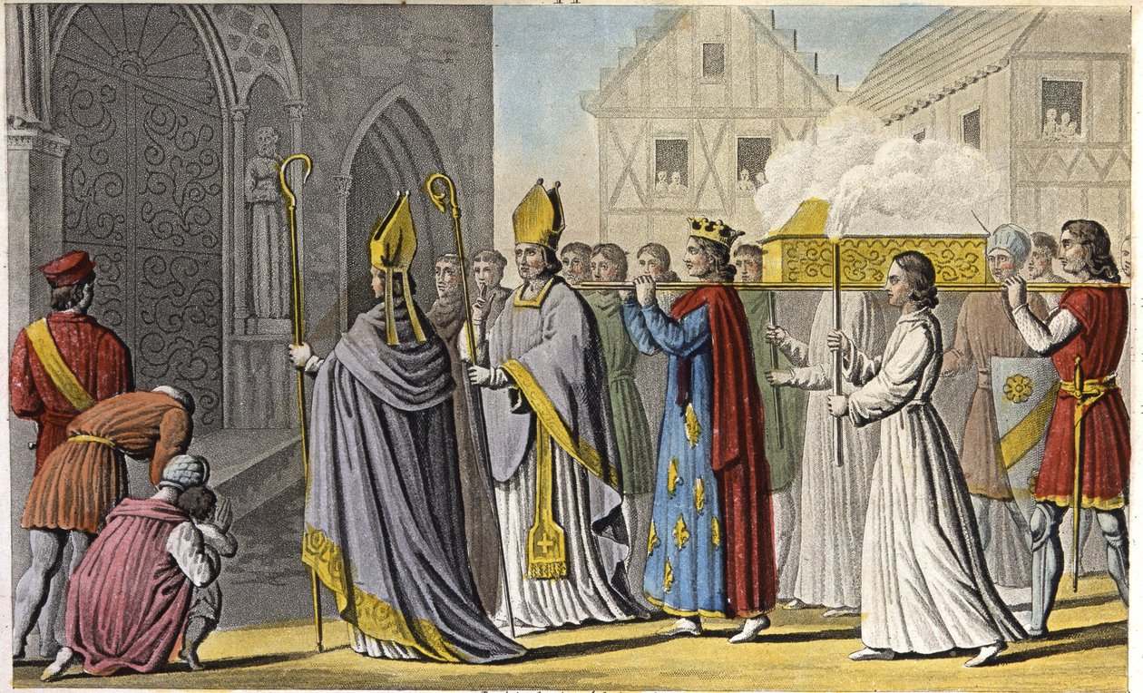 Filippos III piti juhlallisen jumalanpalveluksen Notre-Damelle ja kantoi arkun jalkaisin Saint-Denisiin, jossa oli Saint-Louisin päällikkö ja luut, liha ja sisäelimet oli sijoitettu hautaan lähellä Palermoa Sisiliassa - Filip III:n hallituskausi Ranskasta. tekijältä Ambroise Tardieu