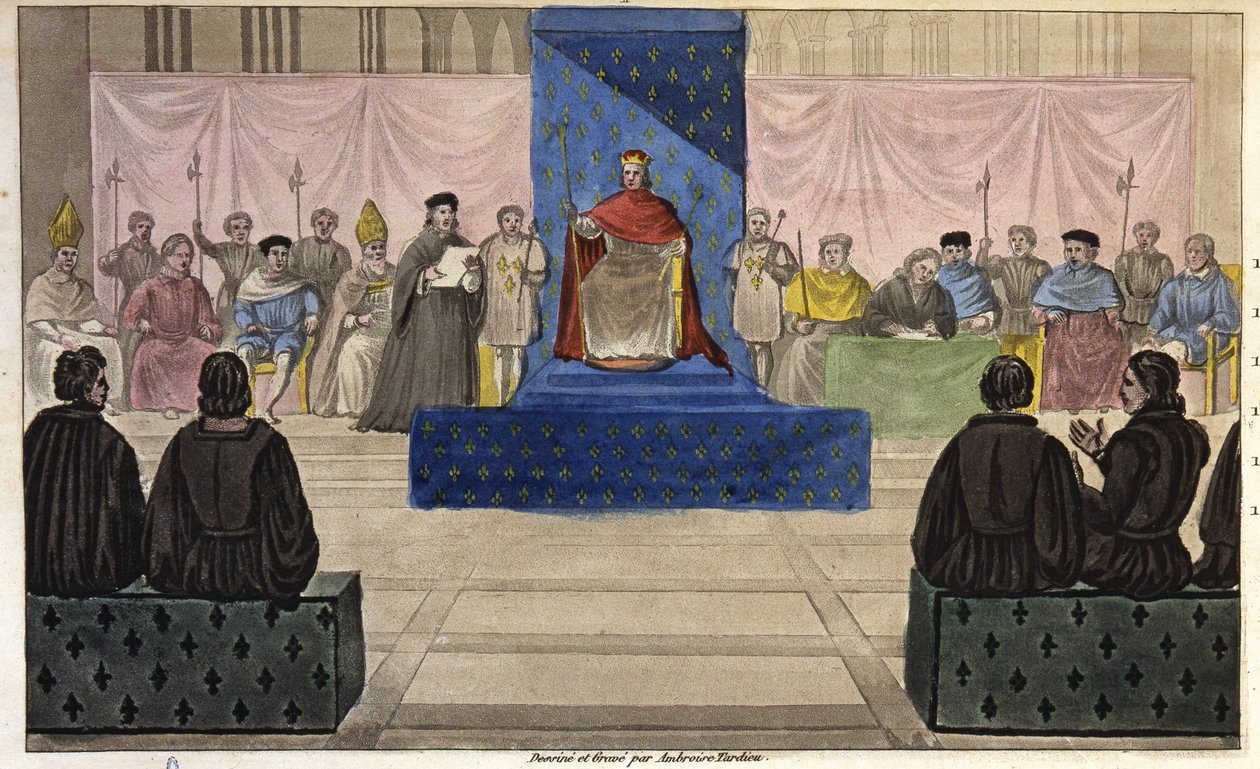 Philip IV kokoaa Louvreen Estates General, joka koostuu papistosta, aatelista ja merkittävistä porvaristoista tai kolmannen osavaltion edustajista, jotka pääsivät siihen ensimmäisen kerran vuonna 1301 – Ambroise Tardieun suunnitteli ja kaiverrus vuonna 182 tekijältä Ambroise Tardieu