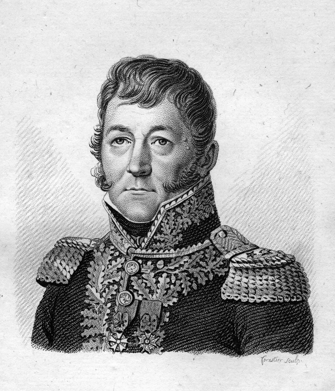 Imperiumin paronin, tykistön prikaatin kenraalin Claude Prostin (1764-1834) muotokuva "Ranskalaisten kenraalien muotokuvia ranskalaisten voittojen ja valloitusten jälkeen". Ambroise Tardieun hauta 1818. Stella Collection. tekijältä Ambroise Tardieu