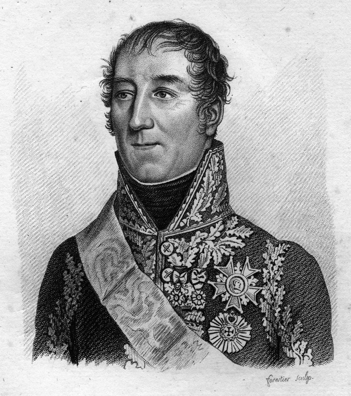 Marsalkka Mortierin muotokuva. Adolphe Edouard Casimir Joseph Mortier, Trevison herttua, ranskalainen marsalkka ja poliitikko (1768 - 1835) teoksessa ”Muotokuvia ranskalaisista kenraaleista ranskalaisten voittojen ja valloitusten jälkeen””. Kaiverrus Ambro tekijältä Ambroise Tardieu