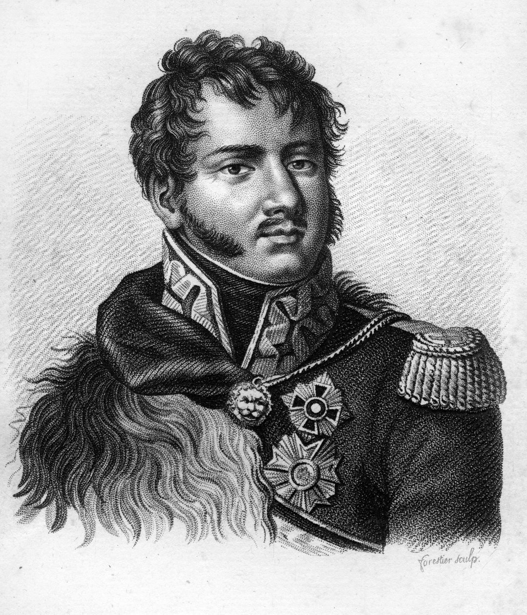 Prinssi Joseph (Jozef) Antoni Poniatowski (1763-1813), puolalainen upseeri, valtakunnan marsalkka. Teoksessa "" Ranskalaisten kenraalien muotokuvia ranskalaisten voittojen ja valloitusten jälkeen"". Kaiverrus Ambroise Tardieu 1818. Stella Collection. tekijältä Ambroise Tardieu