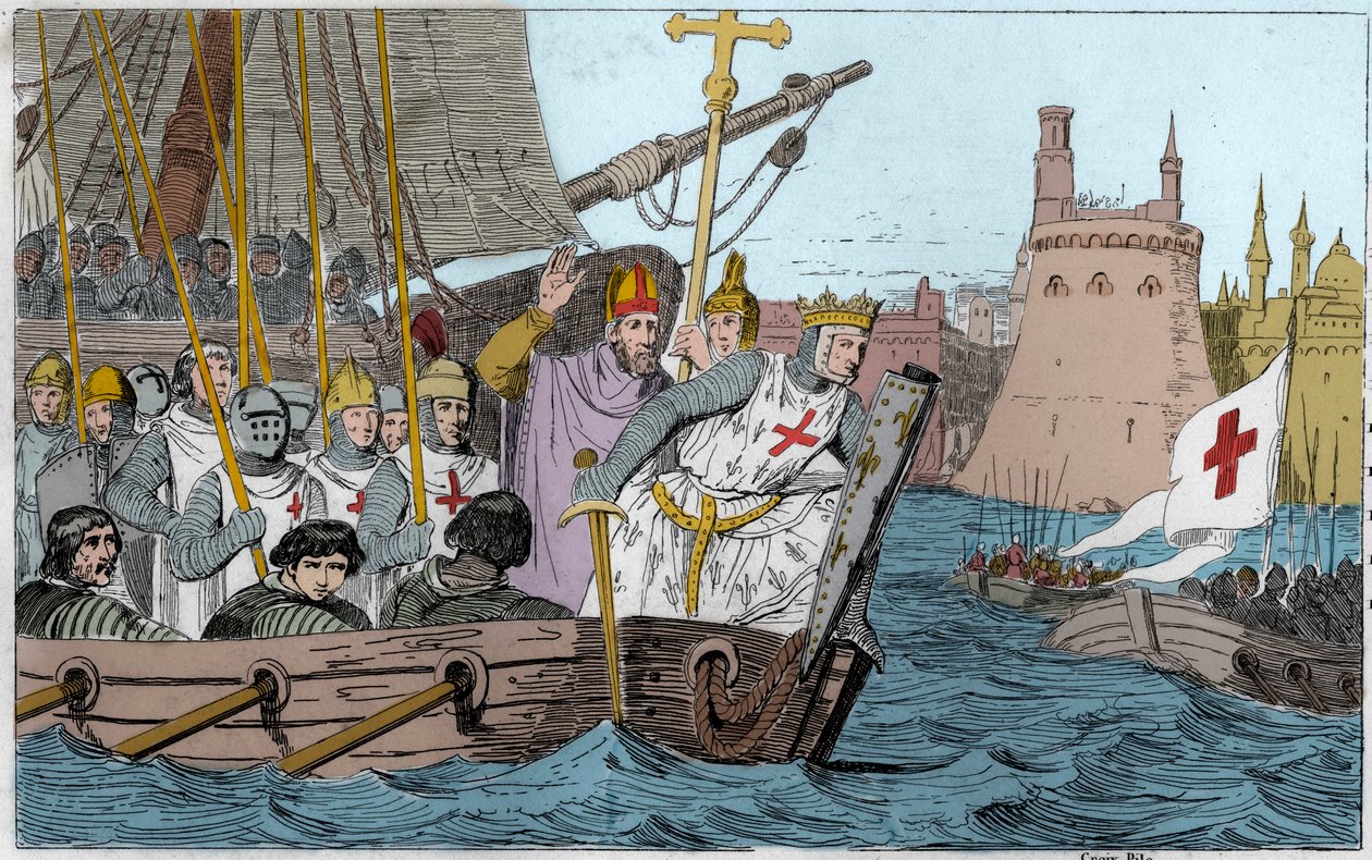Seitsemäs ristiretki: Kuningas Saint Louis (1214-1270) ja ristiretket, jotka piirittivät Damiettea kesäkuussa 1249 Ala-Egyptissä - Seitsemäs ristiretki Pyhälle Maalle 1248-50 - Saint Louis IX (1214-70) johtaa joukkojaan taistelussa - Kaiverrus vuodelta 182 tekijältä Ambroise Tardieu