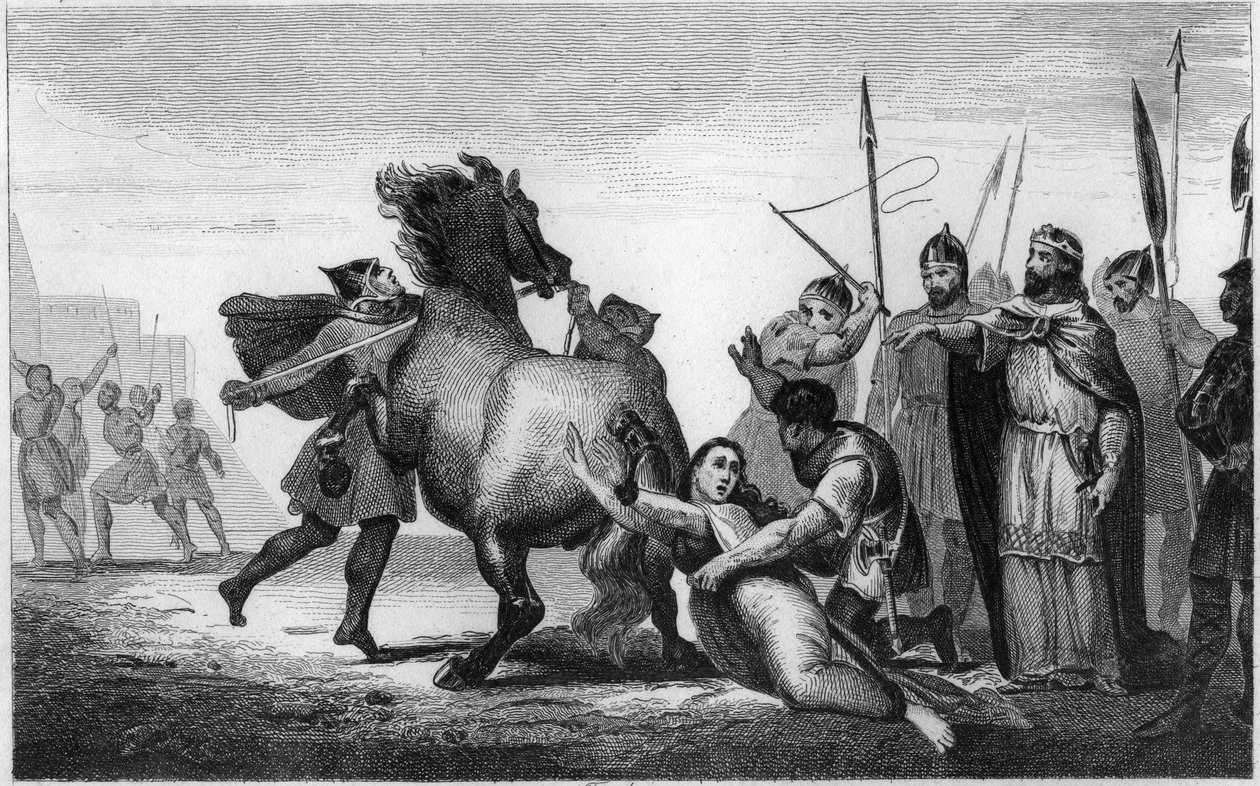 Austraasian kuningatar Brunhilda, visigoottilainen prinsessa, naimisissa Austraasian kuninkaan Sigebert I kanssa - Brunehautin kidutus: Brunehaut tai Brunehilde (543-613), Clotaire (Clothaire) II:n vanki, on kiinnitetty tulisen hevosen häntään osoitteessa  tekijältä Ambroise Tardieu