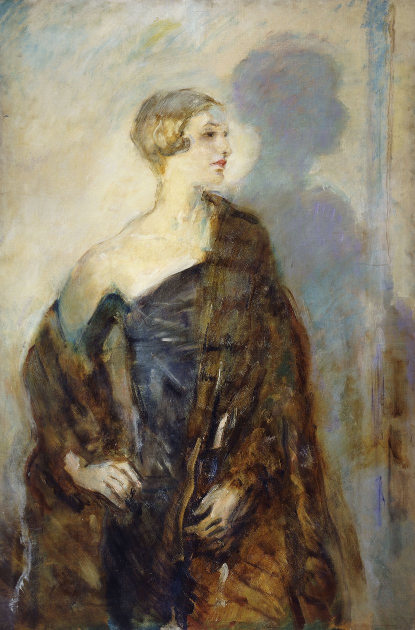 Lady Abdyn muotokuva, kolme neljäsosaa, turkiskääre yllään, tekijältä Ambrose McEvoy