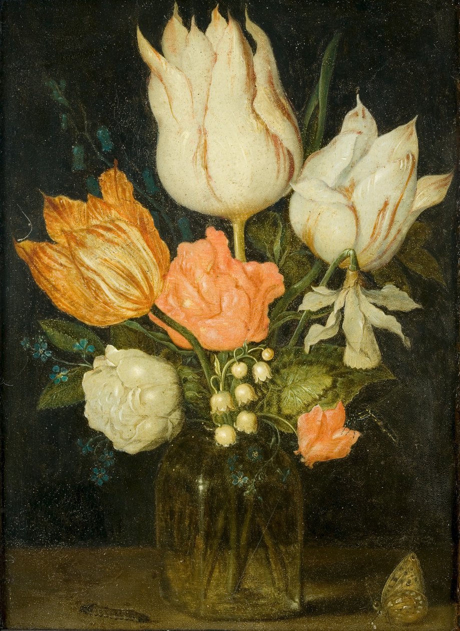 Bloemen in een vierhoekig glazen vaasje tekijältä Ambrosius the Elder Bosschaert