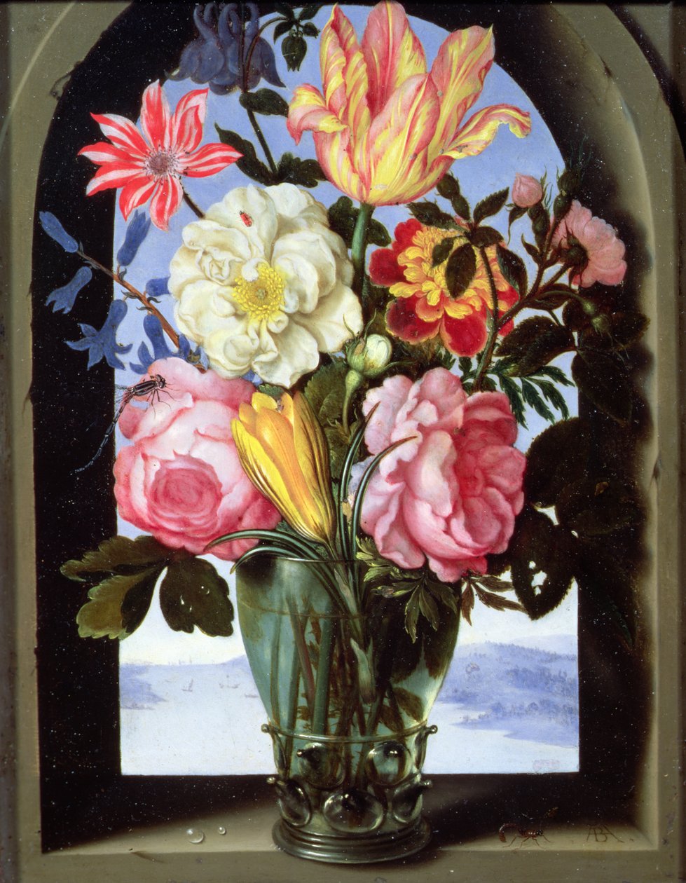 Kukkien asetelma juomalasissa tekijältä Ambrosius the Elder Bosschaert